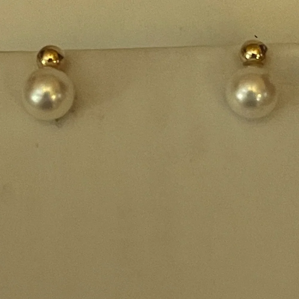 14K Gold Balls with 3 MM Pearl Stud Earrings - Picture 2 of 4